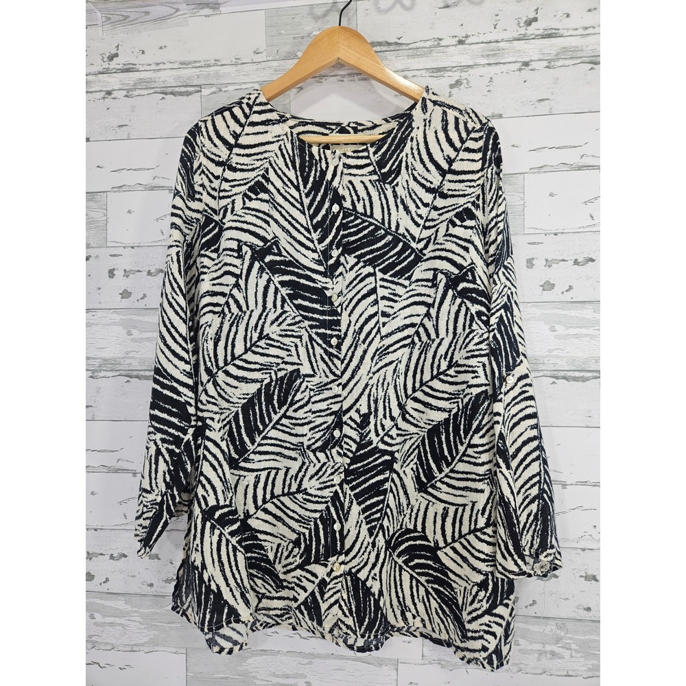 Cynthia Rowley Linen Palm Leaf Print Button Up Tunic Top Black Ivory 1X